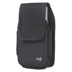 This universal clip case is constructed of black plastic and designed for vertical orientation. It includes an interior pocket and a holster, offering impact resistance for cell phone protection in field or industrial settings.