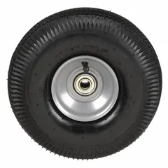 This replacement wheel is designed for hand trucks and pallet jacks. It features a pneumatic rubber tire on a steel hub, providing shock absorption and smooth rolling over uneven surfaces. The wheel is black and gray, with dimensions of 10" x 4". Suitable for use in warehouses, loading docks, and industrial facilities.