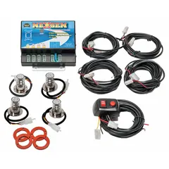 Blue LED warning light for concealed mounting on vehicles. Operates on 12-24V DC with 15 selectable flash patterns. Includes 9.8 ft cable with locking connectors and wire leads. Adhesive mount; overall width 5 3/8 in. Suitable for emergency, security, and fleet applications requiring discreet signaling.