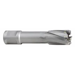 Carbide-tipped annular cutter with a bright finish and Weldon Flat shank. Cuts holes in structural steel, plate, and pipe for fabrication and maintenance. Maximum cutting depth of 1-3/8 in.