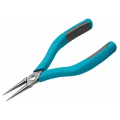 Round-nose pliers with smooth jaws for bending and forming wire loops and curves. Jaw length 1 3/8 in, max jaw opening 1 9/32 in, overall length 5 3/4 in. Suitable for precision work in electronics assembly and fine wire handling.