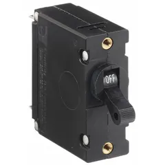 Front panel-mount miniature circuit breaker with toggle actuator. Rated 20 A, 250/277 V AC and 80 V DC. Threaded insert mounting with #10-32 screw terminals. Depth 2.03 in. Used in control panels, HVAC equipment, and power distribution systems for overcurrent protection.