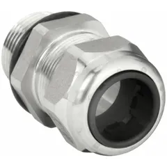 Straight metallic cable grip with 3/4 in MNPT box connection, accommodating cord diameters from 0.13 in to 0.38 in. Body is stainless steel with silver finish and NPT threads. Used to secure and seal electrical cables entering junction boxes or enclosures in industrial environments.