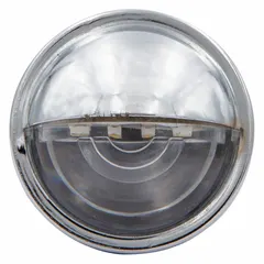 Round LED license plate light with clear lens and bezel mount. Overall diameter 1 1/2 in. Features blunt cut wires for permanent installation. DOT compliant. Suitable for illuminating license plates on vehicles such as trailers, trucks, and RVs.