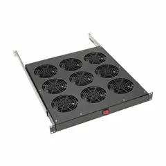 Rack-mount air distribution fan tray for equipment enclosures. Operates on 120V AC and delivers 864 cfm at 0.000 in static pressure. Designed to circulate air within standard racks, helping manage thermal loads in data centers and industrial settings.