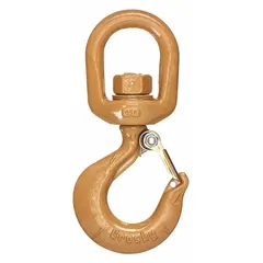 Alloy steel slip hook with gold finish, 3/8 in material thickness, and 100 Hook Grade. Rated for 2,000 lb working load limit. Features visual indicator markings for deformation and max angle. Used for rigging and material handling with chain or wire rope.