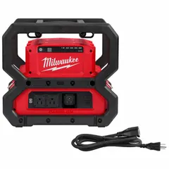 This power station delivers 1,800 W continuous and 3,600 W surge power through two AC receptacles. It includes a charging cord and wireless charging capability, operating on four batteries. Suitable for powering tools and equipment at job sites or remote locations where grid power is unavailable.