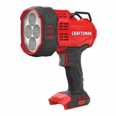 This CRAFTSMAN flashlight operates on 20V DC and delivers up to 2,500 lumens. It features two modes and a wall-mount design for fixed installation. Suitable for use in workshops, garages, or job sites where high-intensity area lighting is needed.