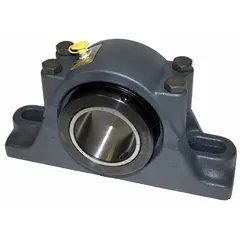 Fixed split-house pillow block tapered roller bearing with 3 7/16 in bore, 3 3/4 in shaft height, and 11 1/4 in mounting length. Features two mounting holes for 7/8 in bolts. Maximum speed 1,500 RPM. Suitable for moderate-speed industrial applications requiring support of heavy radial and thrust loads.