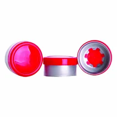 These 13 mm diameter flip cap bottle caps are made of silver-colored aluminum with a colored finish. They are unlined and non-vented, without septa. Suitable for sealing laboratory bottles for sample storage and reagent containment, the flip-cap design allows quick access without removing the cap entirely. Pack of 1000 closures.