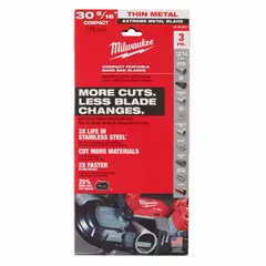 This 3-pack of portable band saw blades features a 12/14 tooth configuration and 1/2-inch blade width, designed for cutting thin metal and stainless steel. Suitable for use with compact band saws up to 30-9/16 inches. Commonly used in metal fabrication, maintenance, and repair tasks.