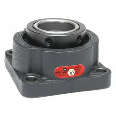Flange-mount spherical roller bearing with a 4 in cylindrical bore and cast iron housing. Secured to the shaft via set screws, lubricated with lithium complex grease, and requires a 7/8 in mounting bolt. Supports heavy radial and moderate axial loads in industrial machinery such as conveyors, fans, and pumps.