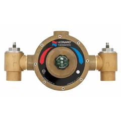 Thermostatic mixing valve for point-of-source applications, blending hot and cold water to maintain a consistent outlet temperature. Outlet connection size is 2 inches. Includes check-stops with strainer. Suitable for commercial and industrial water temperature control.