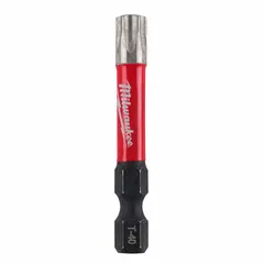 This impact-rated Torx bit features a T40 size and hex shank, constructed from alloy steel for high-torque fastening. Suitable for driving T40 fasteners in industrial assembly, maintenance, and construction applications.