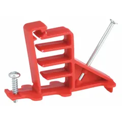 Wall stud cable spacer for organizing and securing cables through studs during electrical installations. Made of red polypropylene, each spacer measures 2.25 in length and 3 in width. Sold in a 20-pack.