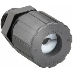 Straight cord grip with 1/2 in male NPT thread for box connection. Accepts cord diameters from 0.25 to 0.38 in. Black nylon body with color-coded black grommet. Used for cable entry into enclosures or junction boxes in dry or damp locations.