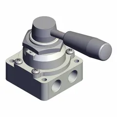 Manual air control valve with lever actuator and panel-mounted/side-ported body. Features three-position operation with exhaust capability. Port size is 1/4 in BSPT. Suitable for panel-mount pneumatic systems requiring manual direction or blocking of airflow.