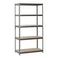 This SANDUSKY shelving unit features five particleboard shelves, each 36 in x 18 in, with a total height of 72 in. The split-post boltless design enables quick assembly without tools. Suitable for organizing and storing moderate loads in warehouses, maintenance shops, and industrial facilities