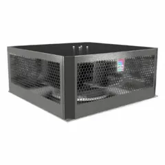 This roof-mounted cooling fan is designed for equipment racks in industrial enclosures. It operates on 100/130V AC power and measures 7 7/8 inches in height by 18 1/2 inches in width. The unit mounts on the roof of the enclosure to draw heat away from sensitive electronics, supporting thermal management in control panels and electrical cabinets.