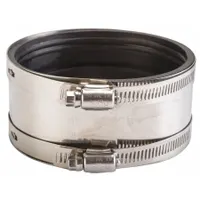 This shielded flexible transition coupling is designed for 8 in pipe, constructed with iron, polyester, and stainless steel. It features a neoprene sleeve and stainless steel bands, suitable for below-ground use in industrial piping systems to connect pipes and provide a leak-resistant joint