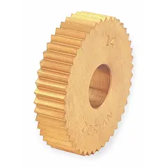 High speed steel knurling wheel with titanium nitride (TiN) coating. Straight pattern, type O. Outside diameter 1 in, face width 3/8 in. Used on lathes and machining centers to create straight-line patterns on cylindrical workpieces for improved grip or appearance.