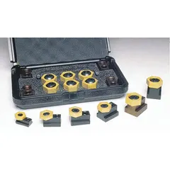 This T-slot hex-edge fixture clamp kit is designed for use with 14 mm T-slots on machine tables. The brass construction provides corrosion resistance and a smooth face that helps prevent marring of workpieces. Suitable for clamping workpieces during milling, drilling, and grinding operations in metalworking and industrial manufacturing environments.