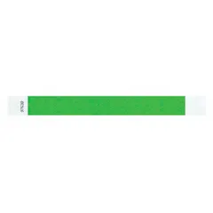 Tyvek security wristband in green, measuring 10 inches in length and 1 inch in width. Supplied in a 500-pack. The blank surface allows for custom marking. Suitable for one-time use in access control, event security, and patient identification.