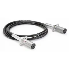 This 7-way power cable connects vehicles and trailers for electrical systems, including lighting, brakes, and auxiliary circuits. It features a plastic construction and a spring guard for strain relief. Wire gauge is 0.5 ga and 0.1 ga. Suitable for heavy-duty truck and trailer applications in fleet maintenance.