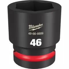 This 1" drive impact socket features a 46 mm metric size with a 6-point configuration and standard depth. The black phosphate finish provides corrosion resistance, while the friction retention mechanism secures the socket on the anvil. Suitable for heavy-duty fastening and loosening of large metric nuts and bolts in industrial maintenance, construction, and equipment repair.