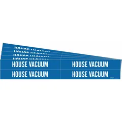 Blue adhesive pipe markers with white legend text reading 'House Vacuum'. Each pack contains 5 sets of 4 markers, designed for pipe outer diameters from 3/4 to 2-3/8 inches. Markers do not include directional arrows. Used to identify house vacuum piping systems in industrial facilities.