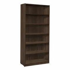 This stationary bookcase is constructed of wood with a laminate finish in Neo Walnut. It measures 71 inches high, 32 inches wide, and 14 inches deep, providing shelving for books, binders, and decorative items in office or library settings.