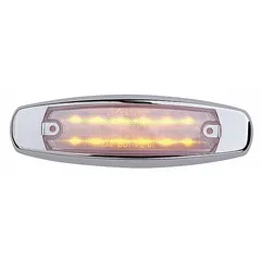 LED oval clearance light with amber lens, surface mount, and hole mount design. Features IP67 rating, lead wire connector, and SAE P2 lens code. Used on trucks, trailers, and heavy equipment to mark vehicle width and height.