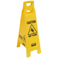 This folding sign alerts personnel and visitors to wet floor hazards in commercial and industrial settings. Made of HDPE, it features a bright yellow color with a bold caution message. The sign is not retroreflective and does not glow in the dark. Nominal size is 37 in x 12 in x 38 in