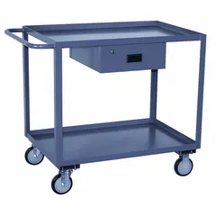 Utility cart with a lockable drawer for secure storage of tools or documents. Features a 36 in L x 30 in W shelf, overall dimensions of 42 in L x 31 in W x 35 in H, and a 1200 lb capacity. Equipped with (2) swivel casters with polyolefin tread for smooth movement on hard floors. Gray finish.