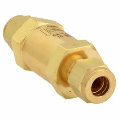 This Parker check valve features a brass inline body with a poppet design and Buna-N seal. It is used to prevent backflow in fluid or gas systems, suitable for industrial hydraulic, pneumatic, and process control applications.