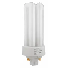 This 26-watt T4 compact fluorescent lamp features a triple twin-tube design with a 4-pin GX24q-3 base. It produces 4100K cool-white light and is dimmable for adjustable brightness. Suitable for use in compatible fixtures such as office troffers, downlights, and signage.