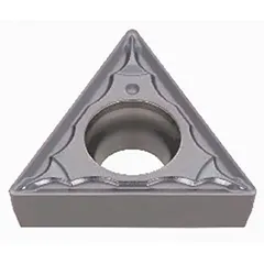 Triangle (T) indexable turning insert with three cutting edges for general turning, facing, and profiling operations on metal workpieces. Designed for use with compatible tool holders in machining applications.