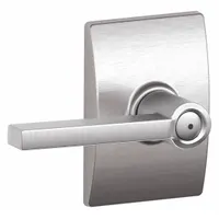 This SCHLAGE privacy lever lockset is designed for interior doors requiring locking privacy, such as bathrooms or bedrooms. It features a Century-style lever in a satin chromium-plated brass finish. The lockset is ANSI F76 coded and ADA compliant. It is not ligature-resistant and has no visual indicator