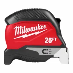 Standard inch tape measure with a 25 ft blade marked in 1/16 in SAE increments. Features a magnetic single hook tip and magnetic mount for hands-free operation on ferrous surfaces. Manual lock and black plastic housing. Suitable for linear measurements in construction, metalworking, and maintenance tasks.
