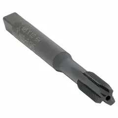 CLEVELAND spiral-point tap for threading through-holes in steel and stainless steel. M8x1 metric size, 6H tolerance, plug chamfer, black oxide cobalt finish, 3 flutes. Spiral-point design pushes chips forward for efficient production threading.