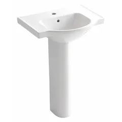 This KOHLER pedestal bathroom sink is made of vitreous china with a white finish. The rectangular basin measures 24 inches in length and has an overall height of 35-1/2 inches. Designed for residential or light-commercial washrooms, it is sold without a faucet.