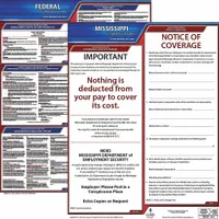 This poster set displays required federal and Mississippi state labor law notices in a single 20 x 24 inch plastic format. It consolidates mandatory workplace posting information for employer compliance. The English-language set is designed for use in Mississippi