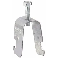 Steel conduit clamp with electroplated finish for securing 1/2 in trade size conduit to 1-5/8 in strut channels. Accommodates cable range of 0.340 in to 0.710 in. Used in electrical installations for cable management and support.