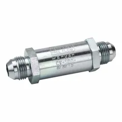 Steel high-flow check valve rated for 3000 psi and 13 gpm. Features 9/16 in JIC 37° flare connections on both ends. Allows flow in one direction only, preventing backflow in hydraulic circuits. Suitable for use in industrial machinery, mobile equipment, and power units.