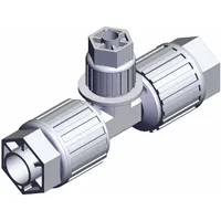 PFA compression tube fitting from the LQ3 series. Accommodates 1/2 in OD, 1/4 in OD, and 1/2 in OD tubing. Complies with RoHS6 and RoHS10 standards. Used in high-purity fluid handling systems for leak-free connections