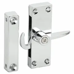 This sliding handle and latch kit is designed for use on screen doors, providing a secure latching mechanism. The kit includes the handle and latch assembly, finished in silver. Overall height is 2 3/4 inches and overall length is 3/8 inches. Suitable for residential or light-commercial entry screens.