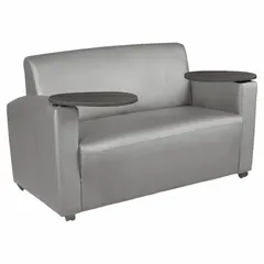 Gray vinyl and wood loveseat with a 45-inch seat width, 19-inch seat depth, 18-inch seat height, and 33-inch overall height. Suitable for seating in waiting areas, lobbies, and break rooms.