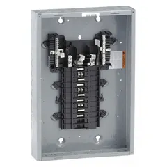 125A main lug load center for indoor 3-phase power distribution. Rated 208Y/120/240V AC with a 65kA short-circuit current rating. Provides 20 spaces for branch circuits; accepts no tandem breakers. Enclosure cover ordered separately.