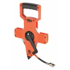 Manual open-reel tape measure with a 50 ft fiberglass blade graduated in SAE/Engineers scale (1/100 ft). Features a nonmagnetic single hook end and a plastic case. Used for measuring long distances in construction, surveying, and industrial layout.