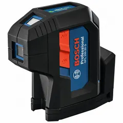 Green-beam dot laser level projecting three dots for point transfer and alignment tasks. Electronic self-leveling with ±1/8 in @ 30 ft accuracy. Range of 100-200 ft without detector. Operates on AA batteries; includes carrying case.